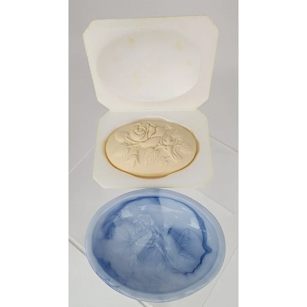 Avon Victoriana Soap Dish & Soap Set Blue Slag Glass Rose 1978 Vintage Special